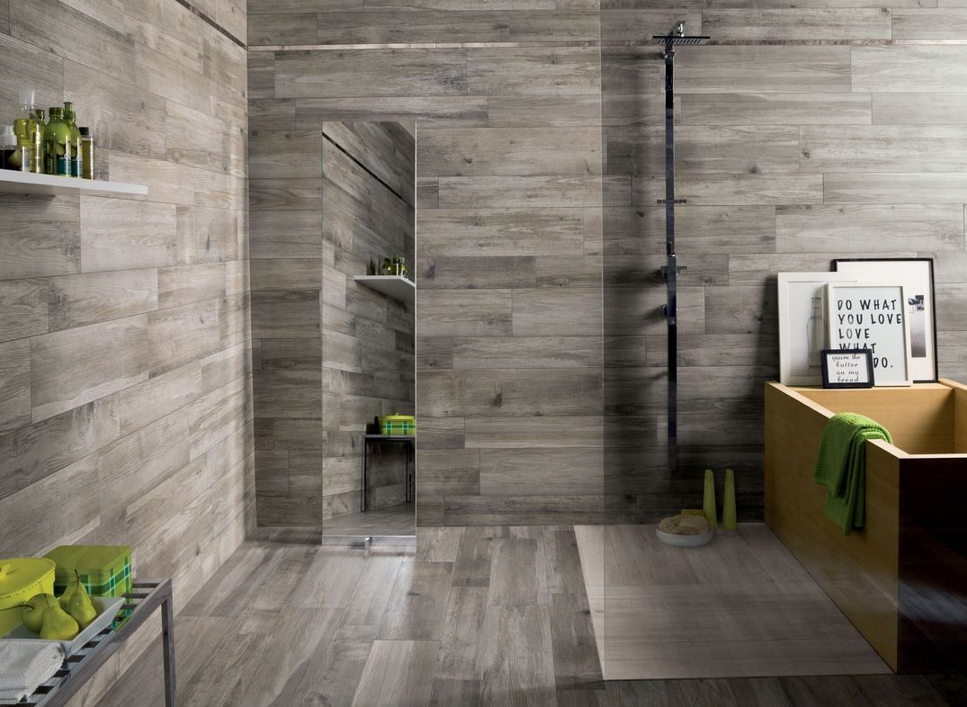 Gạch lát nền - Gạch ốp tường phòng tắm giả gỗ màu ghi